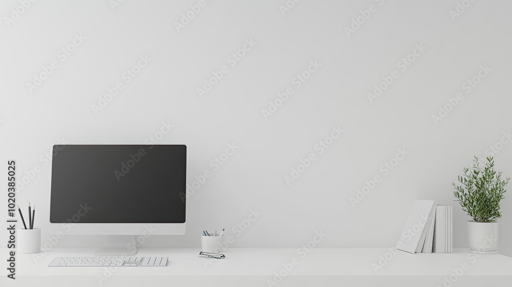 Clean white office desk with monitor, keyboard, and a potted plant, placed neatly in front of a plain white wall. For ergonomic office setups. Clean white office desk with monitor, keyboard, and a potted plant, placed neatly in front of a plain white wall. For ergonomic office setups.