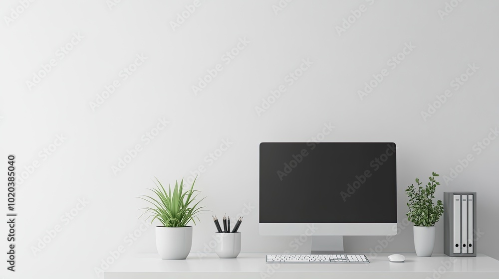 Clean white office desk with monitor, keyboard, and a potted plant, placed neatly in front of a plain white wall. For ergonomic office setups. Clean white office desk with monitor, keyboard, and a potted plant, placed neatly in front of a plain white wall. For ergonomic office setups.
