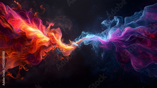 Two streams of colorful energy flying in the air and meeting each other, on a black background