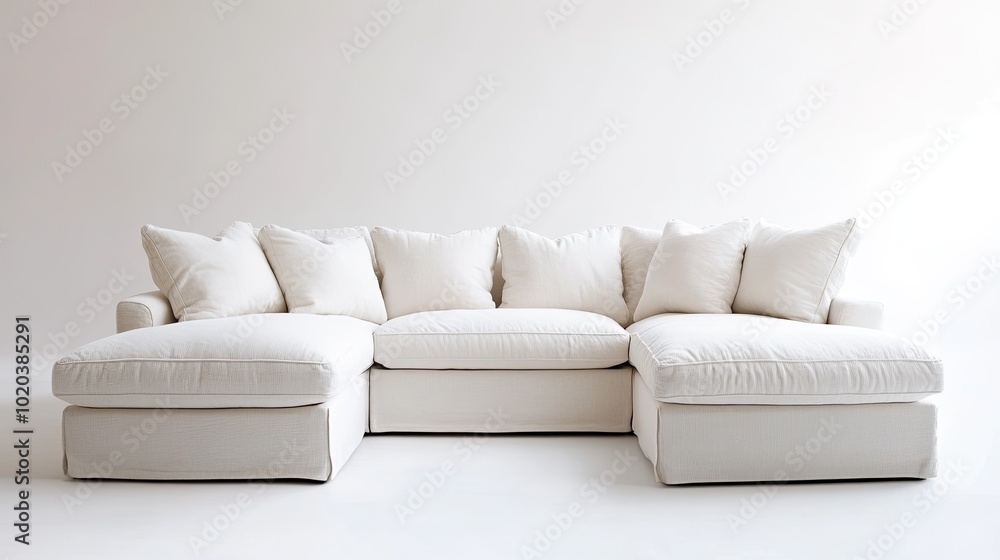 Naklejka premium Comfortable sectional sofa with clean lines and plush cushions, set against a bright white backdrop. Ideal for a cozy, modern living space.