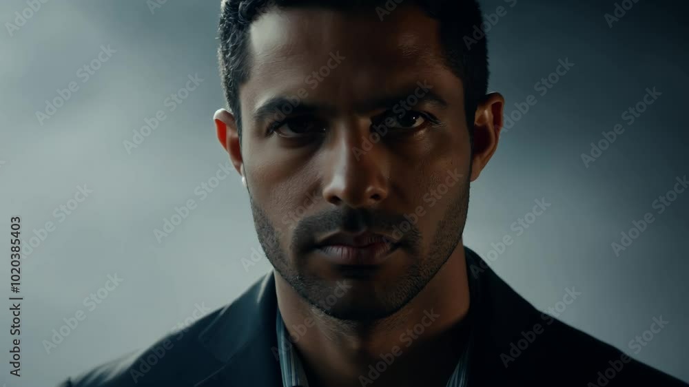 Moody portrait of contemplative man in shadowed lighting Moody portrait of contemplative man in shadowed lighting