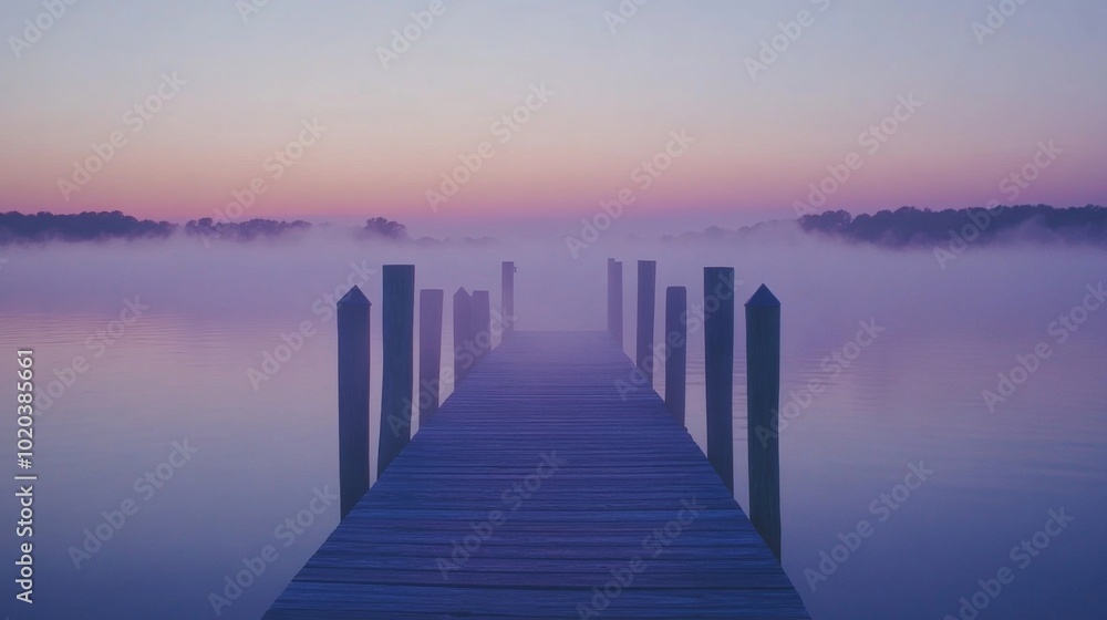 A Wooden Dock Extends Into a Foggy, Purple-Tinted Dawn over Still Water A Wooden Dock Extends Into a Foggy, Purple-Tinted Dawn over Still Water