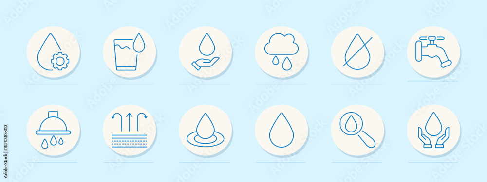 Water set icon. Water drop with gear, glass of water, hand with drop, rain cloud, dry tap, tap, shower, upward arrows, drop, magnifying glass, hands with drop Water set icon. Water drop with gear, glass of water, hand with drop, rain cloud, dry tap, tap, shower, upward arrows, drop, magnifying glass, hands with drop