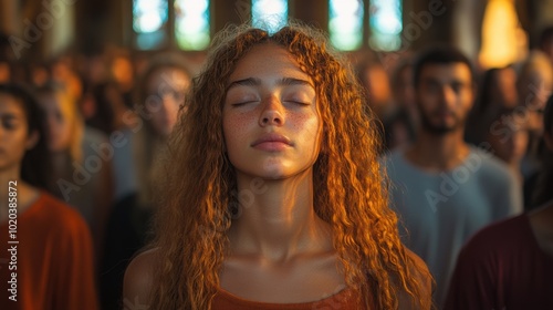 Woman with eyes closed, meditation session in crowded hall, spiritual gathering, sunlight streaming through window, focus, mindfulness, peaceful atmosphere, self-reflection