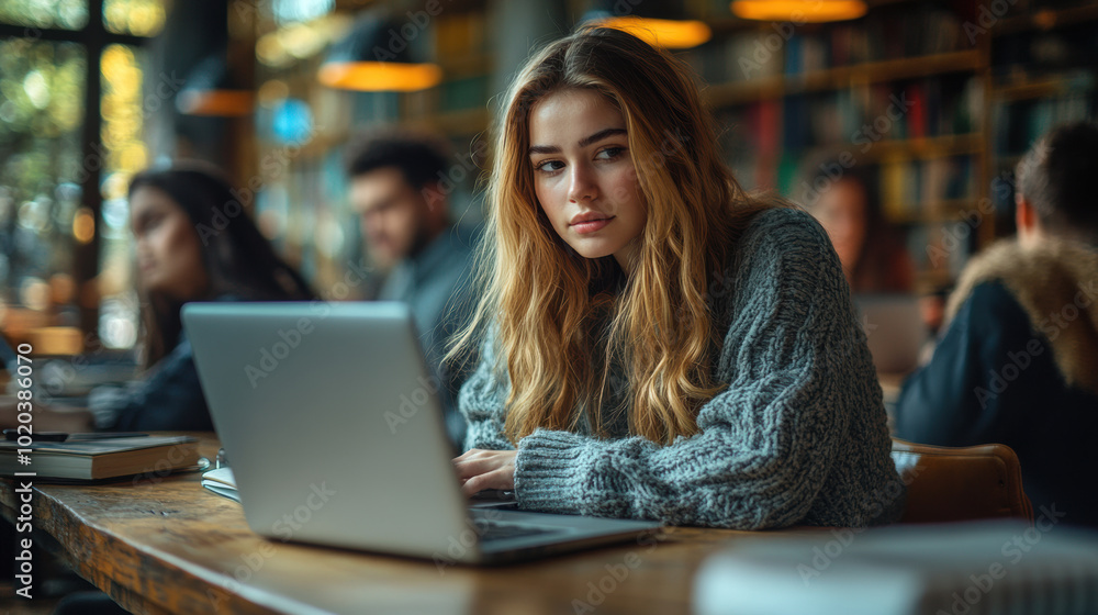 Woman studying in cozy library setting, using laptop, surrounded by books, modern workspace environment, focus on learning, academic study, peaceful atmosphere, university student Woman studying in cozy library setting, using laptop, surrounded by books, modern workspace environment, focus on learning, academic study, peaceful atmosphere, university student