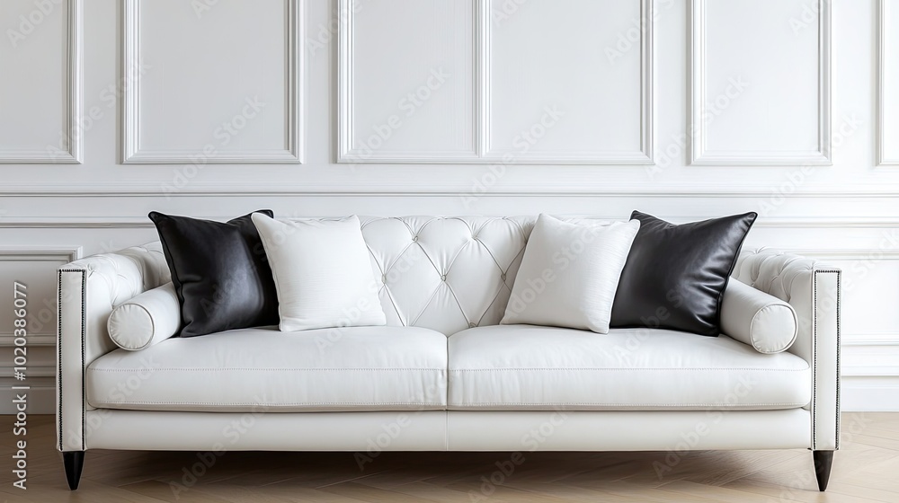 Elegant white leather sofa with accent pillows, neatly positioned in front of a clean white wall. Highlighting contemporary living room designs. Elegant white leather sofa with accent pillows, neatly positioned in front of a clean white wall. Highlighting contemporary living room designs.