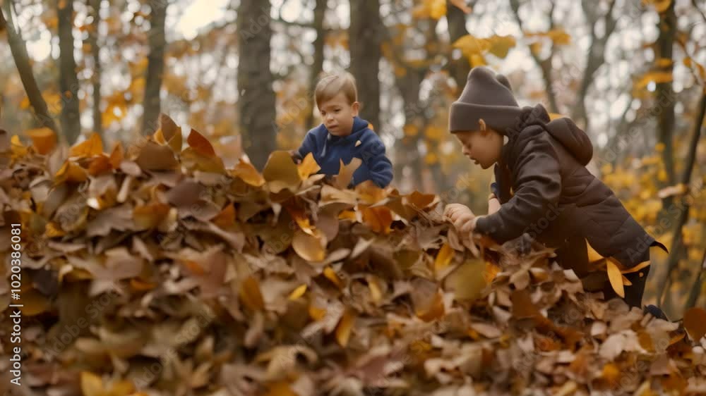 Two young children playing in a pile of autumn leaves in a forest, Children playing in piles of fallen leaves Two young children playing in a pile of autumn leaves in a forest, Children playing in piles of fallen leaves