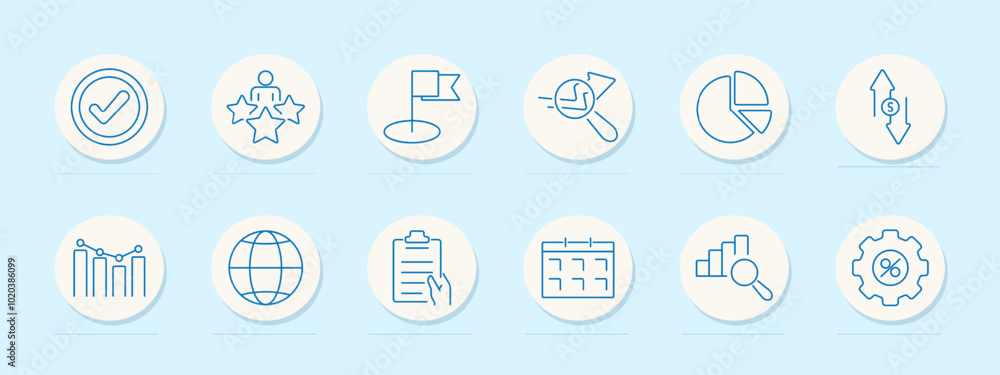 Finance set icon Checkmark, person with stars, flag, magnifying glass with chart, pie chart, money exchange arrows, graph, globe, clipboard, calendar, magnifying glass with chart, gear with percentage Finance set icon Checkmark, person with stars, flag, magnifying glass with chart, pie chart, money exchange arrows, graph, globe, clipboard, calendar, magnifying glass with chart, gear with percentage