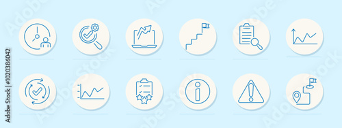 Business set icon. Clock, magnifying glass with gear, laptop with chart, flag on steps, clipboard with magnifying glass, graph, circular arrows with checkmark, star checklist, information