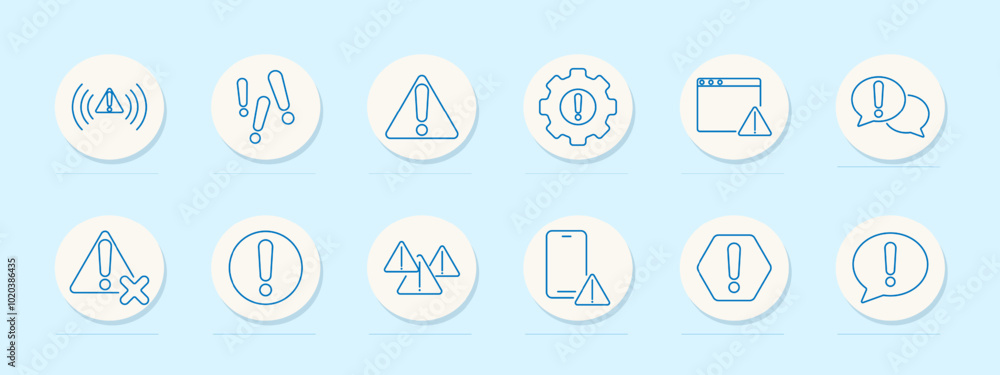 Warning set icon. Alert waves, double exclamation marks, warning triangle, gear, browser, speech bubbles, crossed, triangular signs, phone alert, hexagon . Warning set icon. Alert waves, double exclamation marks, warning triangle, gear, browser, speech bubbles, crossed, triangular signs, phone alert, hexagon .