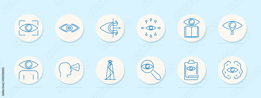 Vision set icon. Eye in frame, data, tech, connected , book, magnifying glass, head , surveillance tower, clipboard, cloud with eye. Vision set icon. Eye in frame, data, tech, connected , book, magnifying glass, head , surveillance tower, clipboard, cloud with eye.