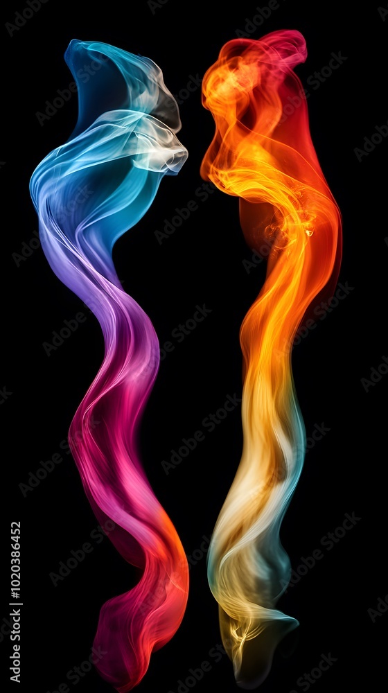 Two streams of colorful energy flying in the air and meeting each other, on a black background Two streams of colorful energy flying in the air and meeting each other, on a black background