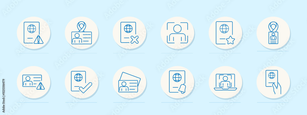 Passport and ID set icon. Passport with alert, verified, rejected, scanned, starred, lanyard, passport with cross, verified passport,document with alert Passport and ID set icon. Passport with alert, verified, rejected, scanned, starred, lanyard, passport with cross, verified passport,document with alert