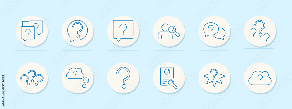 Question set icon. Multiple question marks, speech bubble, person with magnifier, dialogue, single question mark, confused thoughts, checkmark, star, cloud. Question set icon. Multiple question marks, speech bubble, person with magnifier, dialogue, single question mark, confused thoughts, checkmark, star, cloud.