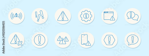 Warning set icon. Alert waves, double exclamation marks, warning triangle, gear, browser, speech bubbles, crossed, triangular signs, phone alert, hexagon .