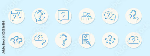 Question set icon. Multiple question marks, speech bubble, person with magnifier, dialogue, single question mark, confused thoughts, checkmark, star, cloud.