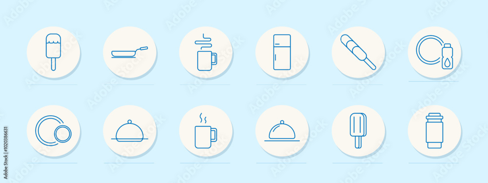 Kitchen food icon. Ice cream, frying pan, coffee, refrigerator, rolling pin, detergent, plates, tray, cup, drink, cleaning, meal preparation, cooking, beverage, dessert, kitchen tools, food storage Kitchen food icon. Ice cream, frying pan, coffee, refrigerator, rolling pin, detergent, plates, tray, cup, drink, cleaning, meal preparation, cooking, beverage, dessert, kitchen tools, food storage