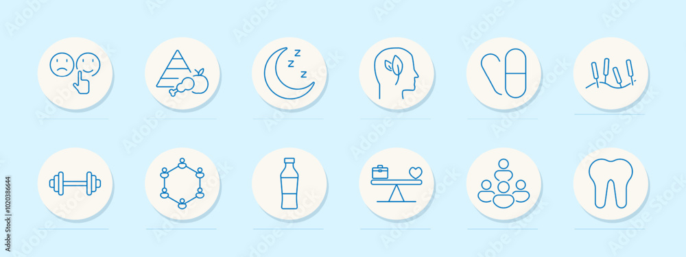 Healthy lifestyle set icon. Emotions, food pyramid, sleep, mental health, vitamins, nature, dumbbell, group exercise, water bottle, balance, teamwork, nutrition, self-care, hydration, relaxation Healthy lifestyle set icon. Emotions, food pyramid, sleep, mental health, vitamins, nature, dumbbell, group exercise, water bottle, balance, teamwork, nutrition, self-care, hydration, relaxation