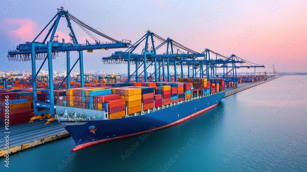 Naklejka premium Cargo Ship at Port with Container Cranes Shipping Industry Logistics Transportation