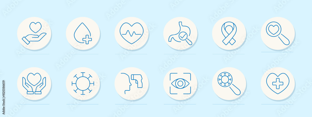 Medical and healthcare set icon. Heart in hand, blood donation, heartbeat, stomach check, cancer awareness, health monitoring, virus, check, examination, disease prevention, patient care Medical and healthcare set icon. Heart in hand, blood donation, heartbeat, stomach check, cancer awareness, health monitoring, virus, check, examination, disease prevention, patient care