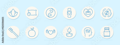 Health wellness set icon. Meditation, sleep, balance, smartwatch, heart, yin-yang, toothbrush, apple, fitness, candle, supplements, body care, mindfulness, exercise, nutrition, self-care, well-being