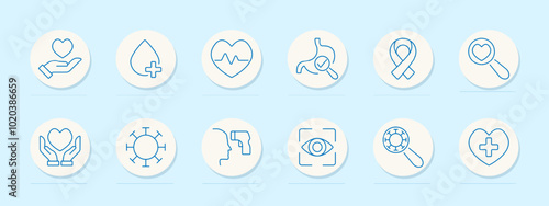 Medical and healthcare set icon. Heart in hand, blood donation, heartbeat, stomach check, cancer awareness, health monitoring, virus, check, examination, disease prevention, patient care