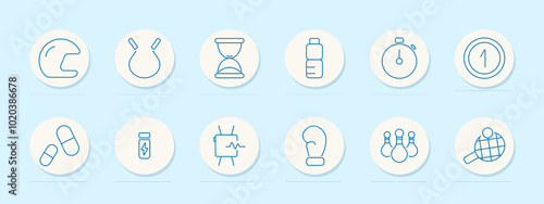 Fitness set icon. Helmet, punching bag, stopwatch, first place, boxing glove, pills, supplements, board, weightlifting, bowling, table tennis, hydration, fitness, competition, sports