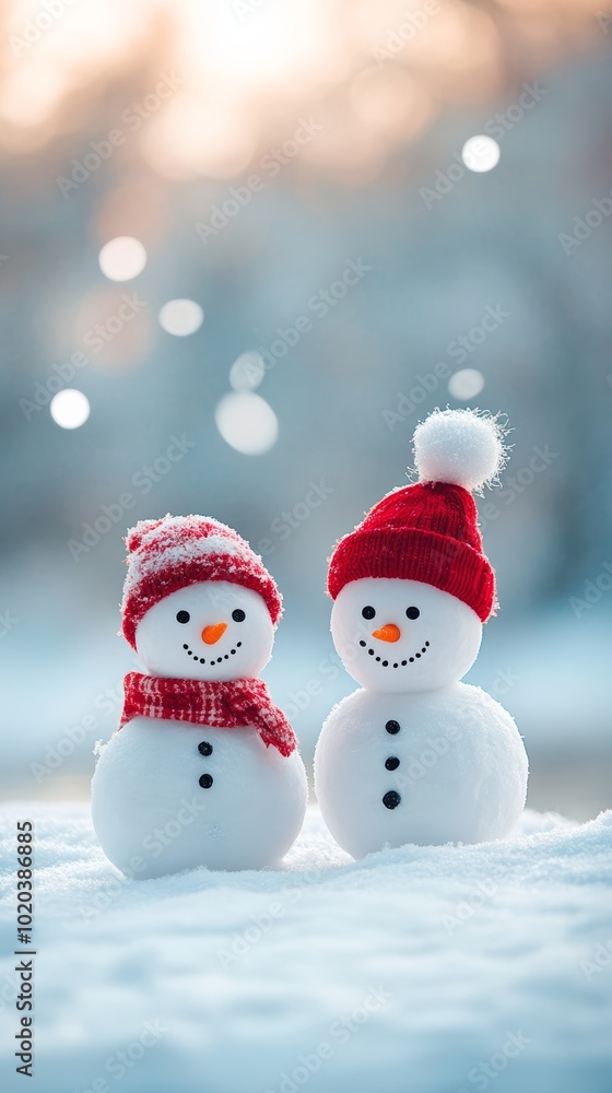 Two snowmen wearing red hats in a vertical snow scene with a bokeh effect. Whimsical Christmas background. Two snowmen wearing red hats in a vertical snow scene with a bokeh effect. Whimsical Christmas background.