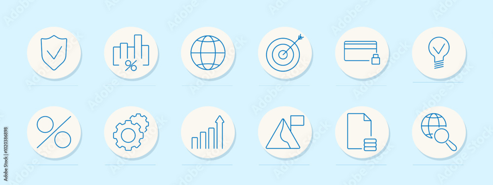 Business and marketing icons set. Shield with checkmark, percentage graph, globe, target with arrow, credit card with lock, light bulb, percentage symbol, gear with person, bar graph, Business and marketing icons set. Shield with checkmark, percentage graph, globe, target with arrow, credit card with lock, light bulb, percentage symbol, gear with person, bar graph,