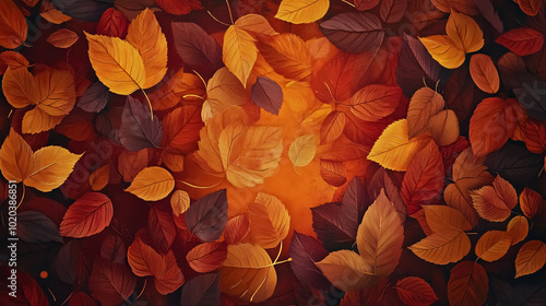 Wooden Table with Orange Leaves: A wooden table adorned with orange autumn leaves, with a blurred autumn background.