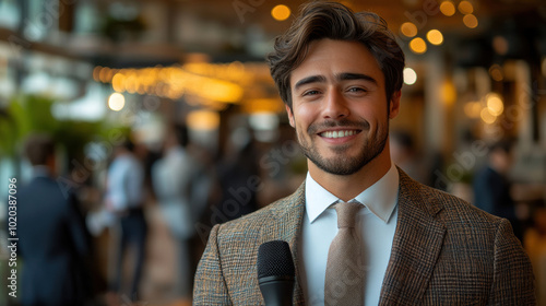 Confident young reporter smiling while holding microphone, ready for interview. Outdoor professional media setting, journalism, news coverage, and public speaking at corporate event photo