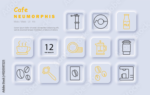 Cafe set icon. Coffee cup, grinder, donut, milk, plates, coffee press, takeaway cup, coffee beans, portafilter, espresso machine, brewing.