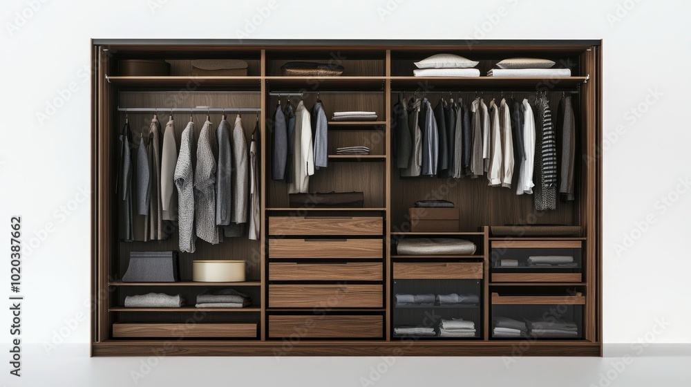 Open wardrobe with neatly folded clothes and organized shelves, presented against a clean white backdrop. Perfect for organizational and storage solutions. Open wardrobe with neatly folded clothes and organized shelves, presented against a clean white backdrop. Perfect for organizational and storage solutions.