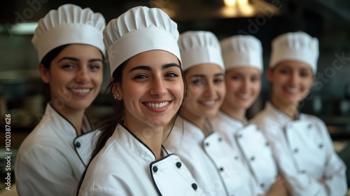 Fototapeta Naklejka Na Ścianę i Meble -  Smiling team of professional chefs in kitchen, wearing white uniforms, culinary expertise, teamwork, restaurant environment, diverse group, food preparation, hospitality industry, teamwork and skill