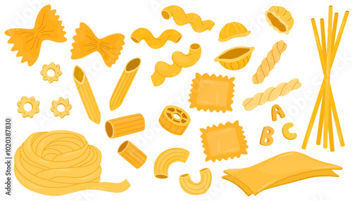 Various italian pasta types. Noodles different, lasagne, spaghetti and penne. Traditional cuisine italy, racy, homemade products. Flat vector illustration isolated on the white background 