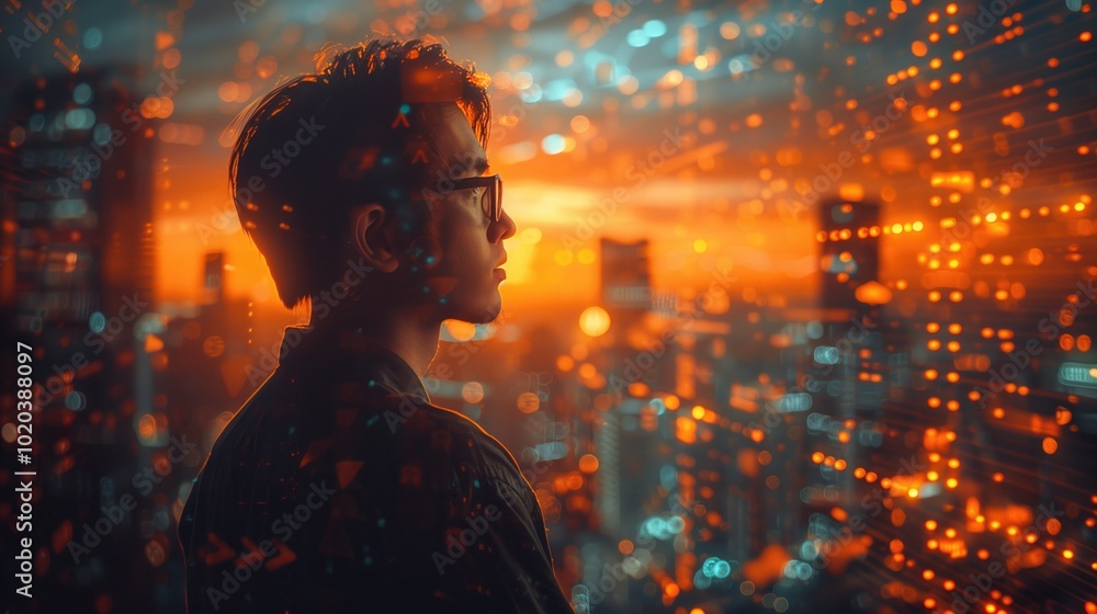 software consultant in a futuristic logistic background, clean and pastel orange lighting software consultant in a futuristic logistic background, clean and pastel orange lighting