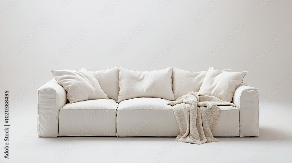 Naklejka premium Sleek white sofa with minimalist design, paired with a single throw blanket, centered in a clean white studio. Highlighting simple and modern living spaces.