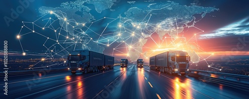 Various global map with interconnecting lines and trucks in blue color, symbolizing cargo transportation for container logistics infused with white lines connecting world map in the background.
