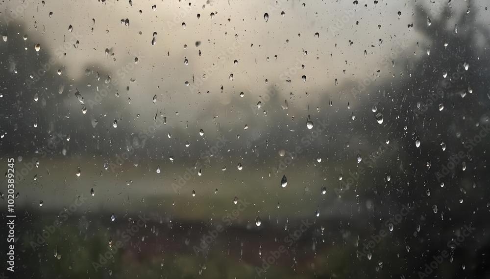 Raindrops on a glass window, with a blurred outdoor scene visible through the glass Raindrops on a glass window, with a blurred outdoor scene visible through the glass