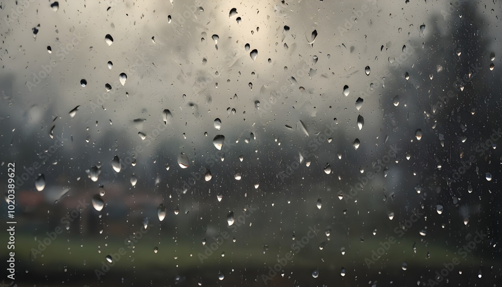 Obraz premium Raindrops on a glass window, with a blurred outdoor scene visible through the glass