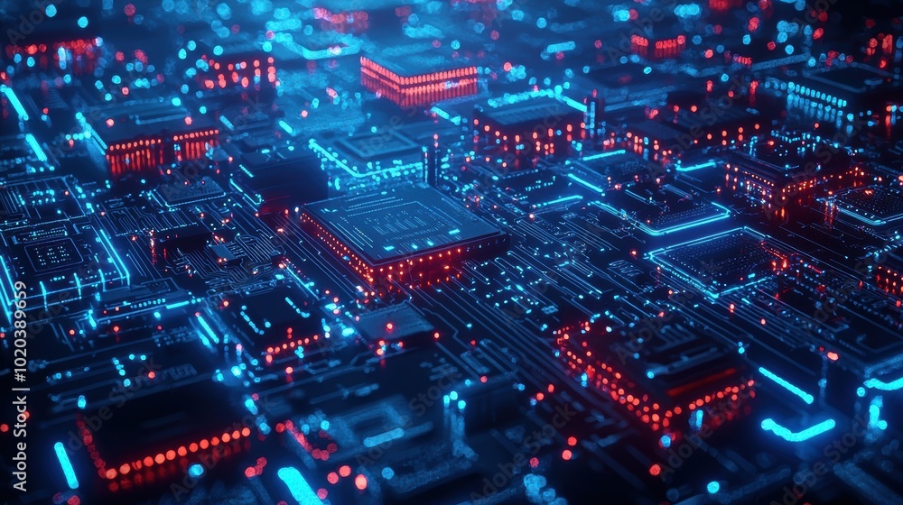 Vibrant Futuristic Digital Circuitry with Glowing Chips Vibrant Futuristic Digital Circuitry with Glowing Chips