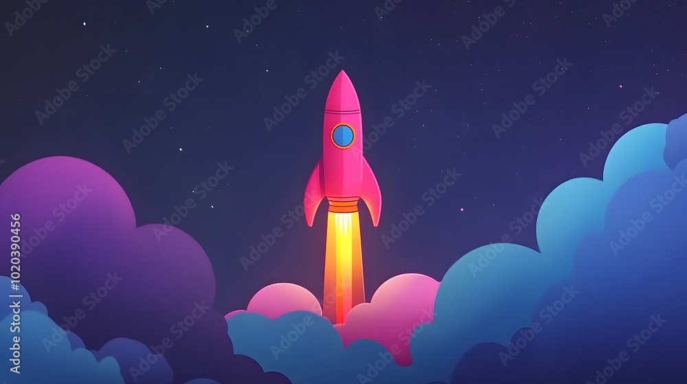 A pink rocket rises from colorful clouds, in a simple, flat illustration style with clean lines and vector graphics. A pink rocket rises from colorful clouds, in a simple, flat illustration style with clean lines and vector graphics.