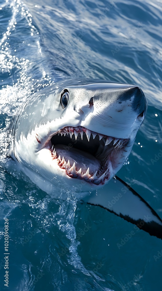 Naklejka premium A close-up of a shark emerging from the water with its mouth open.