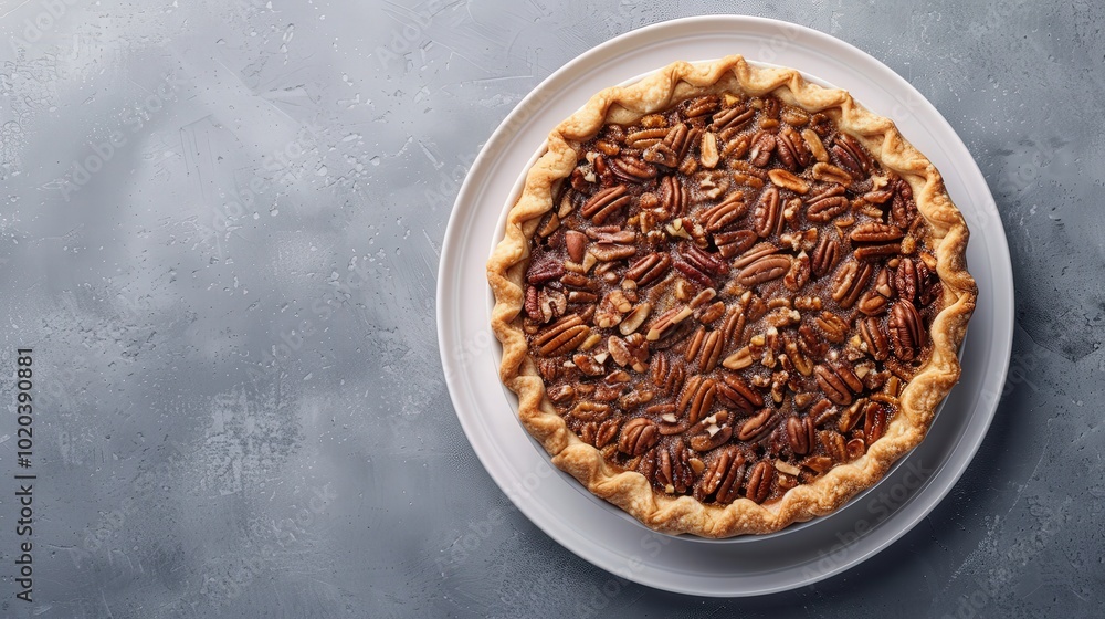 Golden Crust Nut Pie with Rich Filling on Minimal Grey Backdrop Golden Crust Nut Pie with Rich Filling on Minimal Grey Backdrop