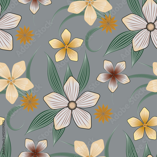 Vector floral beautiful pattern on gray background, hand drawn colorful flowers and green leaves with light veins for design of fabric, paper, pillowcase, tablecloth