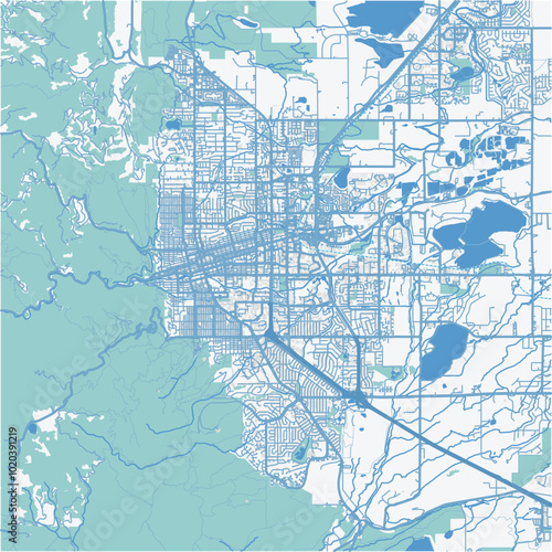 Map of Boulder in Colorado in a professional blue style. Contains layered vector with roads water, parks, etc.