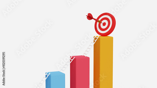 Small steps to success, step by step growth. Business goals, progress, improvement, achievements, objectives, ambition or target setting. 3D bar graph with ladders reaching the archery target