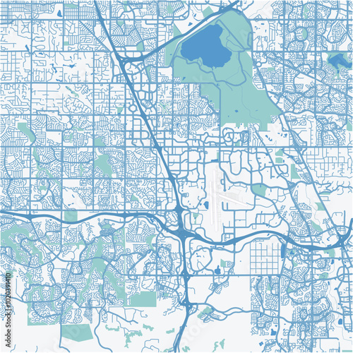Map of Centennial in Colorado in a professional blue style. Contains layered vector with roads water, parks, etc.