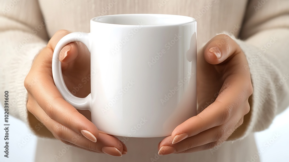 Closeup of female hands holding a blank white mug. Closeup of female hands holding a blank white mug.