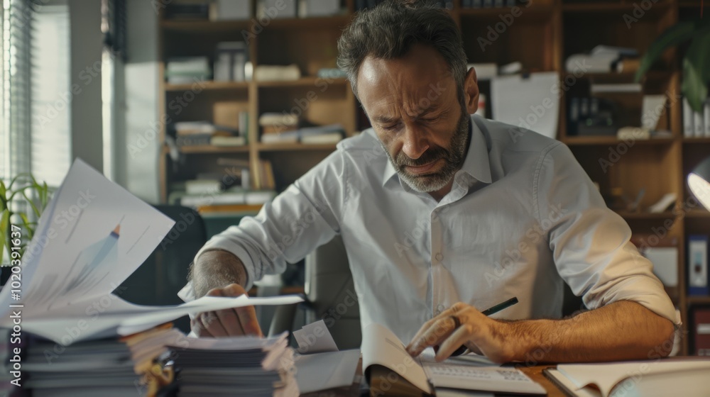 A focused middle-aged man in a busy office meticulously reviews papers in a work-filled environment, capturing a moment of intense concentration. A focused middle-aged man in a busy office meticulously reviews papers in a work-filled environment, capturing a moment of intense concentration.